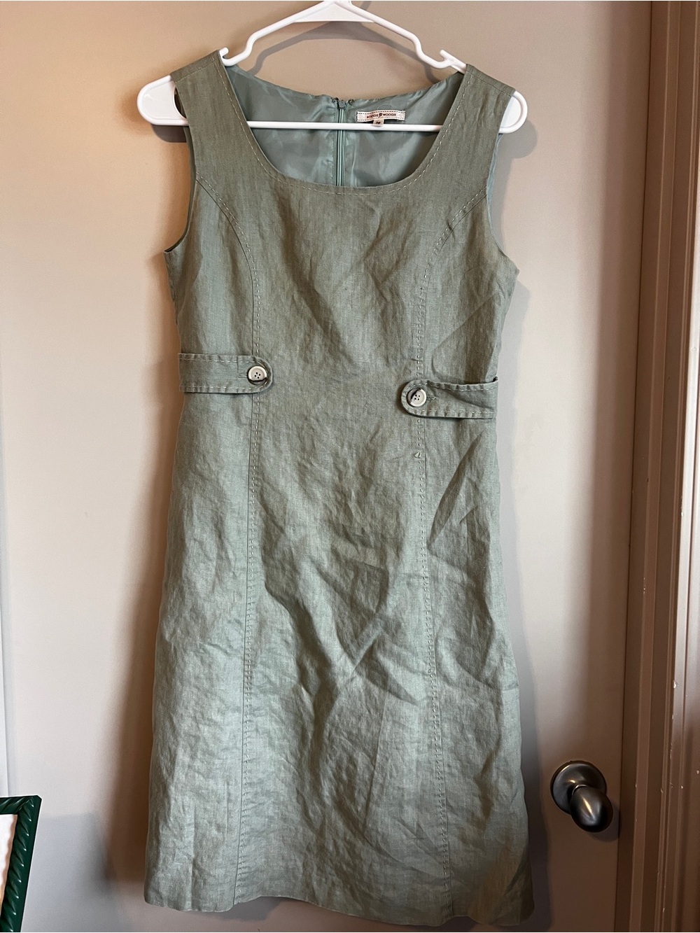 Sleeveless Sage Green Linen-Blend Midi Dress with Buttoned Waist Tabs